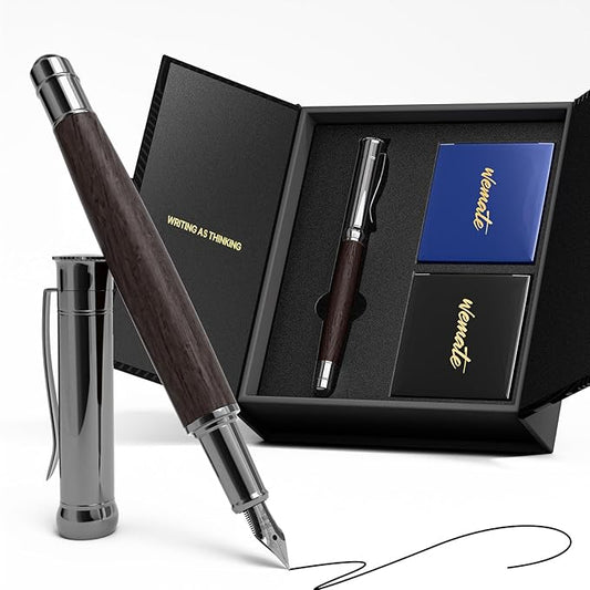 WEMATE Fountain Pen Set, Fine Nib with 20PCS 2.6MM Ink Cartridges(10 Black&10 Blue),1 Ink Converter, Nice Luxury pen for Men, Women, Cool Wooden Fountain Pen for Writing, Journaling, Calligraphy
