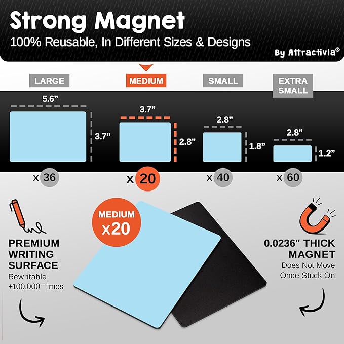 Attractivia Dry Erase Magnetic Labels 3.7 x 2.8 in, Solid Colors, Medium Dry Erase Magnets, 20-Pack, Colored Erasable Write-On All-Purpose Labels, for Office, Education, Home, Whiteboard