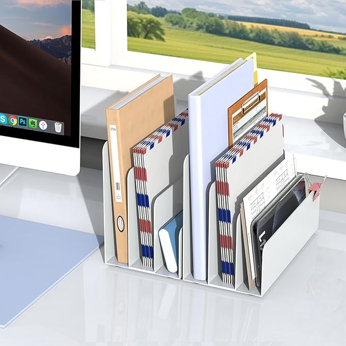 OUTIOE Mail Organizer Countertop, Small Desk File Organizer, Metal File Holder - Essential Workspace Organizers for Office Desk, Home Office (White)