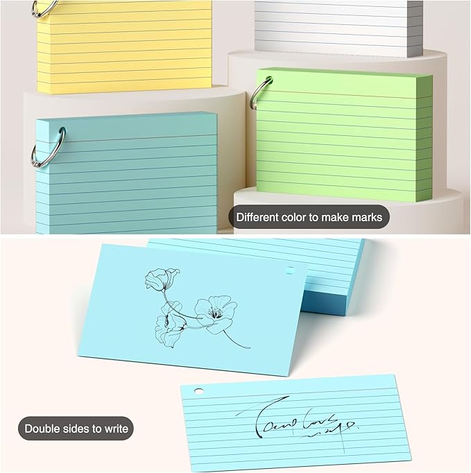 4 x 6 Inch Colored Index Cards, 160 Count Lined Flash Cards with Ring for Back to School, Ruled and Blank Note Cards for Office Supply, Portable Colorful Study Flashcards for Home and School