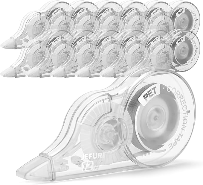 JEFURE 12 Pcs Correction Tape, 39.4 Ft White Wrong Out Tear-Resistant Bulk, Instant Corrections Easy To Use Applicator for School, Office, Note Taking, Journal (Tape Width 0.2 in, Clear)