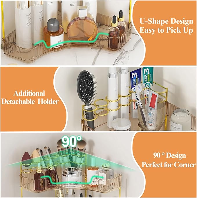 SUNZOS Corner Bathroom Counter Organizer, 3-Tier Countertop Perfume Tray Organizer with Makeup Brush Holder, Vanity Makeup Cosmetic Storage for Dresser