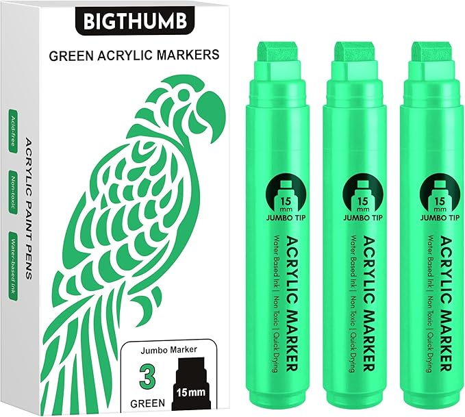 BIGTHUMB 3 Pcs Green Jumbo Permanent Markers: 15mm Wide Tip Thick Acrylic Paint Pen Large Calligraphy Marker for Rock Painting, Poster, Sign, Canvas, Glass, Wood, Ceramic