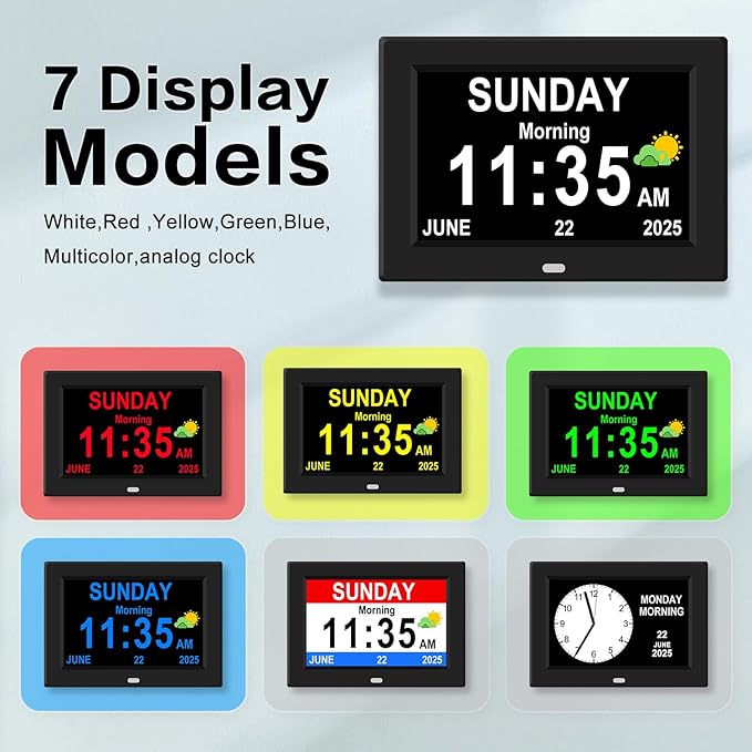 11'' Large Display Digital Alarm Clock for Seniors Date Day of Week Digital Calendar for Elderly Electric Digital Clocks 12 Alarms 4 Colors Desk Clocks Alzheimers Dementia Clock Auto DST/Dimmer