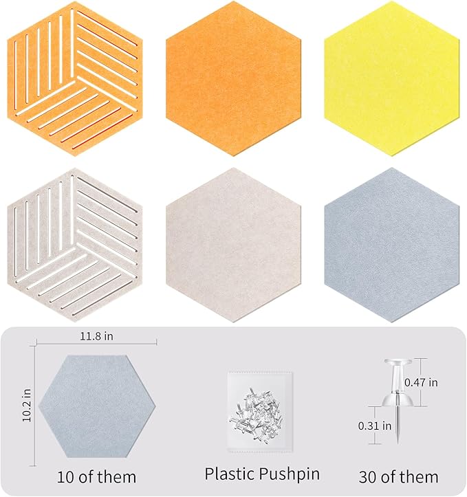 12'' Medium Hexagon Cork-Bulletin Board Tiles Frameless 10 Pack Adhesive Removable Felt Corkboard Decorative Prayer-Vision Board for Home-Office Wall Decor, Hex Tack Pinboard with 30 Pushpins