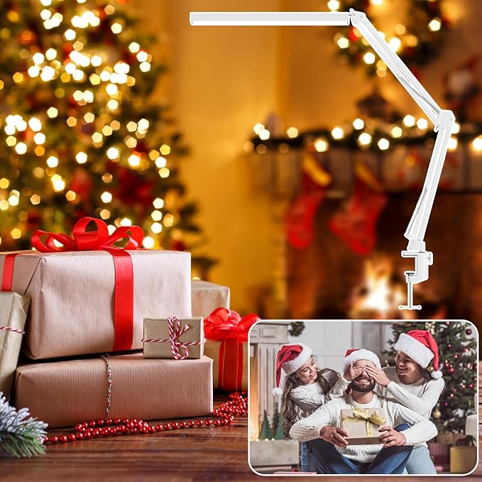 BZBRLZ LED Desk Lamp, Manicure Table Lamp, 16" Lamp Head, Dimmable Eye-Caring Drafting Light with 3 Color Modes, 10 Brightness Levels & Adapter, Memory Function(White)