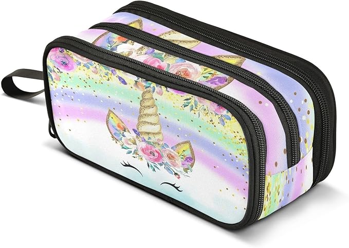 BOENLE Unicorn Rainbow Flower Pencil Case Box Boys Girls Large Pencil Pouch with Zipper Compartments Big Capacity Stationery Pen Bag Organizer for Kids Teens Adults School