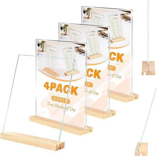 Acrylic Sign Holder 8.5" x 11" with Wooden Base, 4 Pack Adjustable Vertical/Tilt Acrylic Display Stands for Flyers, Menus, Picture Frames