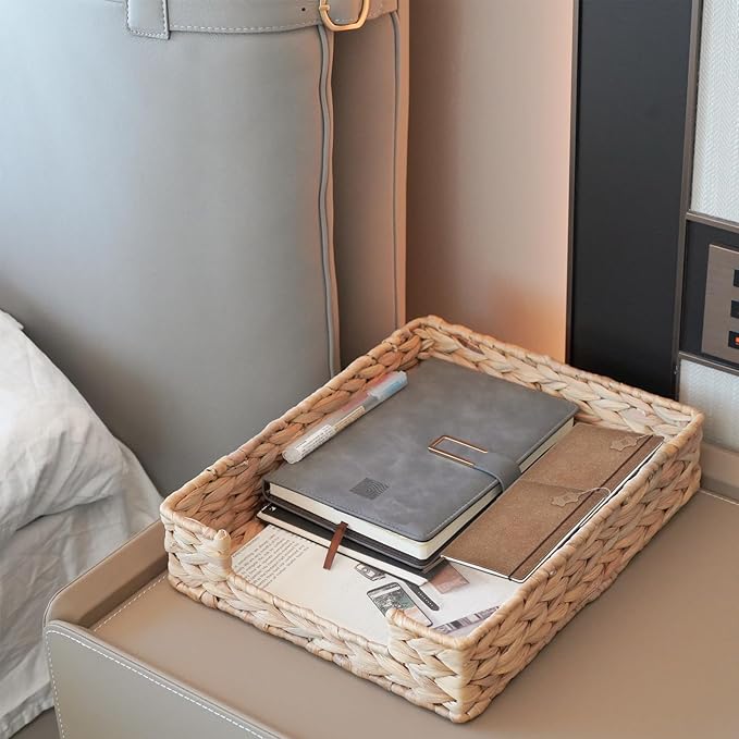 Set of 2 Water Hyacinth Letter Tray for A4 File Desk Mail Letter-Size Paper, Basket Woven Organizer, Magazine Files Storage, Office Document Organizer and Storage