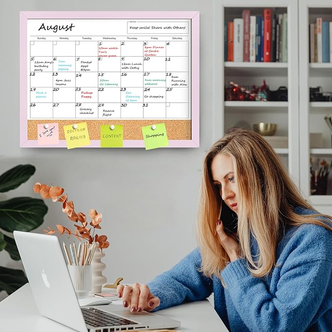 Dry Erase Calendar Cork Board Combo, 18x24 Inches Calendar Whiteboard for Wall, Magnetic White Board with Pink Wood Framed, Dry Erase Board for Planner Office Kitchen Home Memo