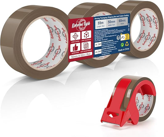 Ealyder Tape Brown Packing Tape 2 inch x 60 Yards, 3 Rolls with Dispenser – Heavy Duty Parcel Sealing Tape for Shipping, Moving and Storage, Total 180 Yards