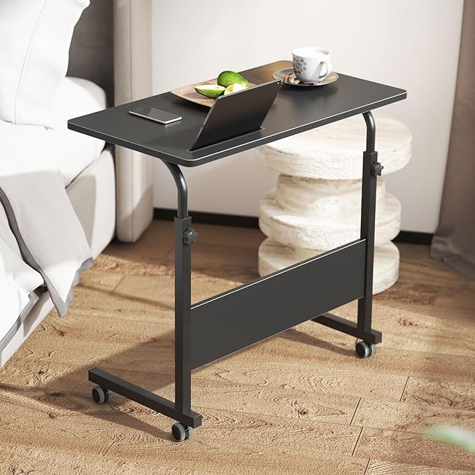 DlandHome Mobile Bed Table 31.5 Inch, Adjustable Side Table Laptop Computer Stand Desks with Tablet Slot Cart Tray Wheels,Black#2
