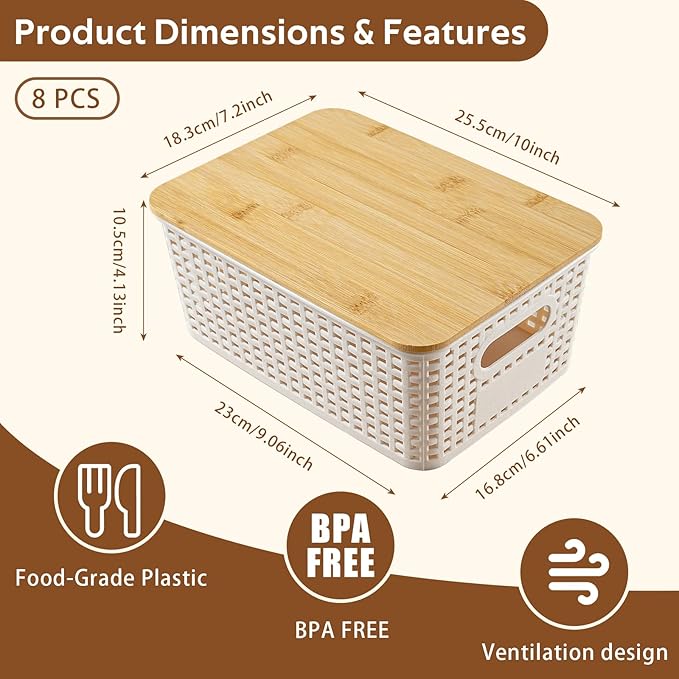 AntStep 8 Pack Plastic Storage Bins with Bamboo Lids - Stackable Storage Baskets with Handle for Pantry Organizer and Storage, Plastic Containers Bins Lidded Storage Bins for Classroom Office Shelves