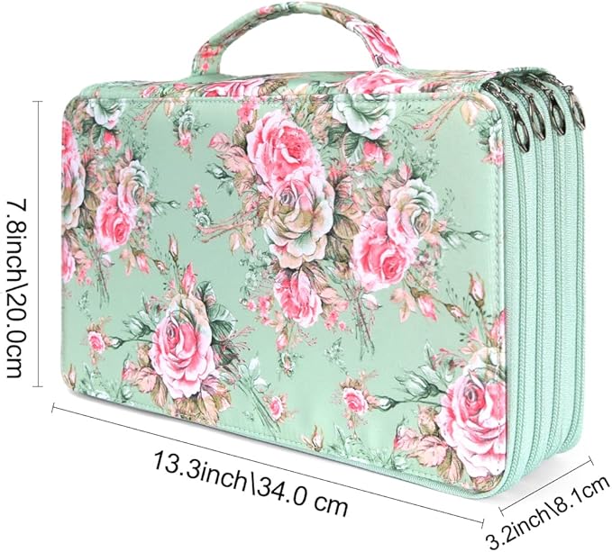 Vomgomfom Large Capacity Colored Pencil Case - Twill Fabric Holder With Zipper Closure for 300 Pencils or 200 Gel Pens, Organizer for Artists (Green Rose)