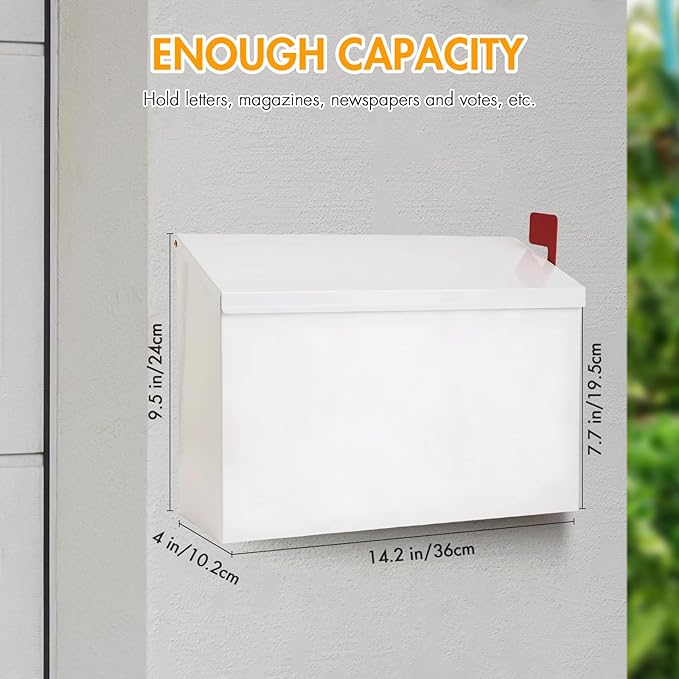 Wall Mount Mailbox for Outside with Flag, Galvanized Steel Mail Box for Post Outdoor, Large Capacity Rust-Proof Metal Postbox for House, with 3 Sets Mailbox Numbers, 14.2"x9.5"x4" White