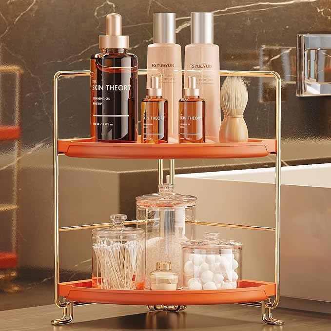 FSyueyun 2-Tier Corner Bathroom Counter Organizer, Tool-Less Installation Corner Vanity Organizer Small Plastics Countertop Makeup Tray Skincare Perfume Organizers (Gold & Orange)
