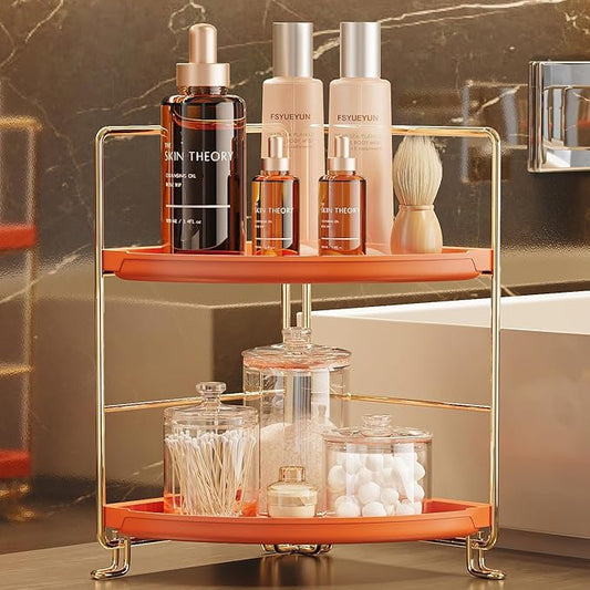 FSyueyun 2-Tier Corner Bathroom Counter Organizer, Tool-Less Installation Corner Vanity Organizer Small Plastics Countertop Makeup Tray Skincare Perfume Organizers (Gold & Orange)