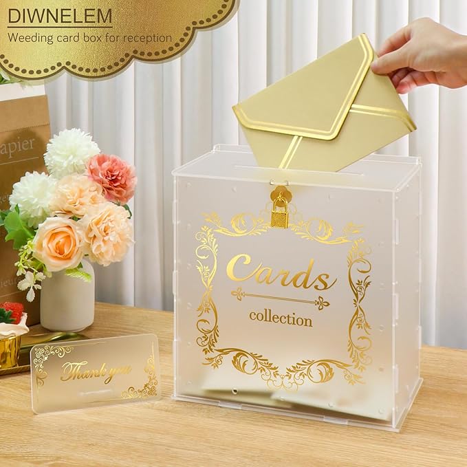 DIWNELEM Acrylic Wedding Card Box with Lock String Light Frosted Large Card Box for Wedding Letter Box Envelope Box Acrylic Gift Card Box Money Box for Party Birthday Reception