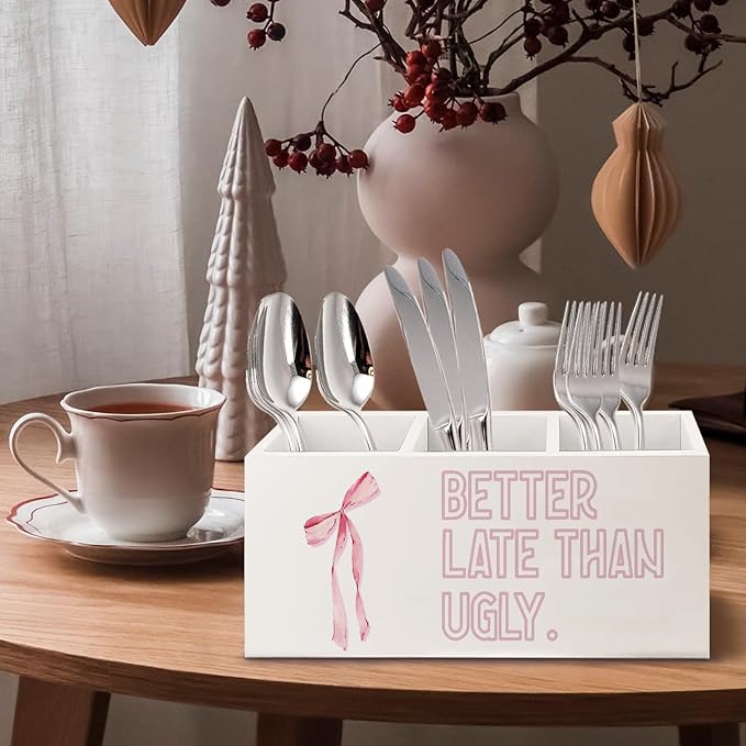 URLLUAE Better Late Than Ugly Funny Pink Makeup Brush Toothbrush Holder Organizer for Bathroom Vanity, Coquette Pink Bow Preppy Wooden Pen Pencil Holder for Desk Accessories