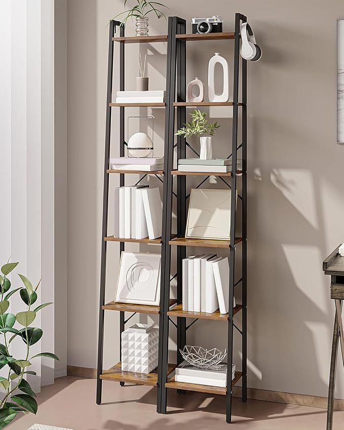 Hzuaneri Ladder Shelf, Bookshelf Bookcase, Freestanding Corner Storage Shelve with 2 Hooks for Home Office, Living Room, Kitchen, Bedroom, Industrial, 11.8"D x 13.4"W x 72.8"H, Rustic Brown BC13301B