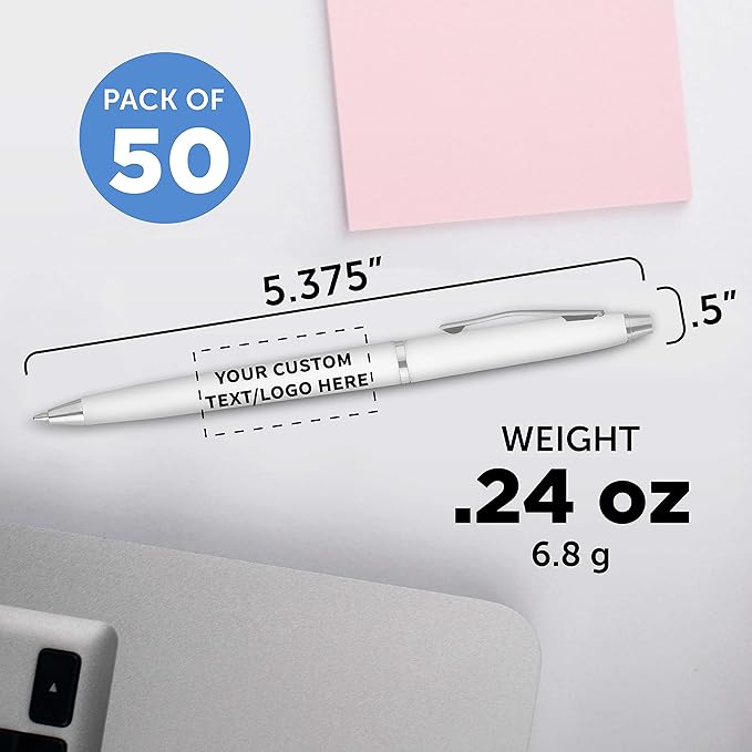 DISCOUNT PROMOS Custom Langham Ballpoint Ink Pen - Set of 50 Writing Pens for Work - Cool Pens for Writing, Black Ink, White