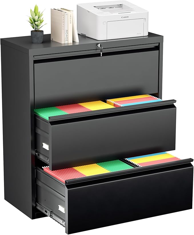 Greenvelly 3 Drawer File Cabinet, Metal Filing Cabinet with Lock, Black Lateral File Cabinet for Home Office, Locking File Cabinet for Letter/Legal/F4/A4 Size Hanging Files, Easy Assembly