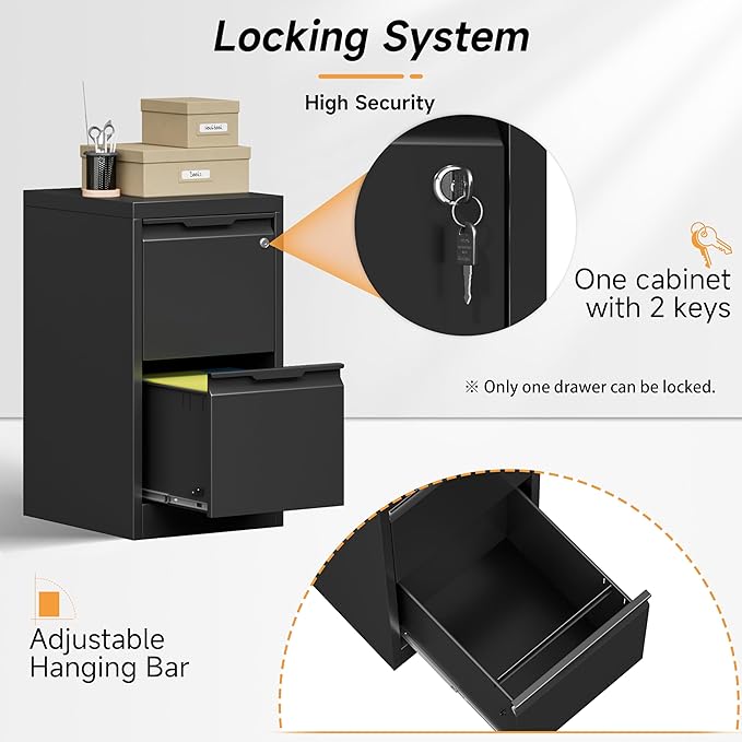Bestoo 2-Drawer File Cabinet with Lock, Metal Filing Cabinet for Home Office, Vertical Filing Storage Cabinets, Fits File Folders, Letter/Legal/F4/A4 Size, Assembly Required (Black)