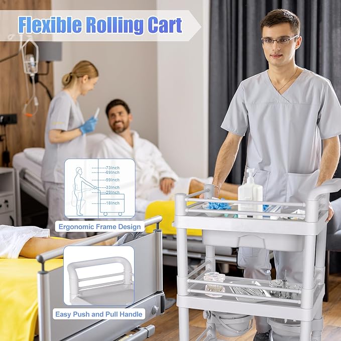 Mobile Medical Trolley Cart Portable 3-Tier Professional Cart 220 Lbs Load Utility Carts for Ultrasound Scanner Esthetician Carts with Drawer Lockable Rolling Wheels for Hospital Dental Clinic Home
