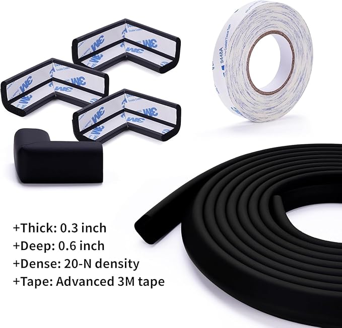 2 Pack Baby Proofing Edge and Corner Guards, (16.4ft Edge + 4 Corners) Safety Furniture Bumper, Baby Corner Protector for Fireplace, Table, Stair, Cabinet, 3M Adhesive, Black