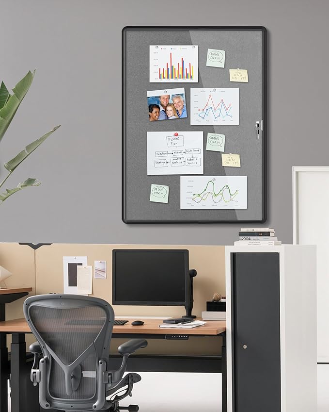 Mifuro 38"x28" Enclosed Bulletin Board, Lockable Weather-Resistant Aluminum Cork Noticeboard for Hospital School & Office, Black Frame w/Grey Flet