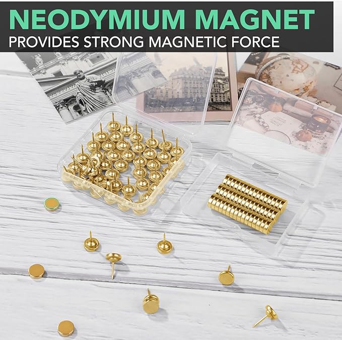 E BAVITE 50 Set Magnetic Push Pins,Flat Push Pin, Magnetic Thumb Tacks for Wall Bulletin Board Poster and Photo Hangers (Gold)