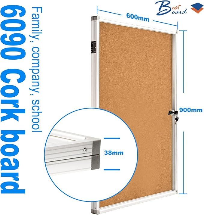 BEST BOARD Pinboard Enclosed Bulletin Board 36 x 24 Inch Lockable Cork Noticeboard for School Office, Wall Display Case with Lock (Cork Board)