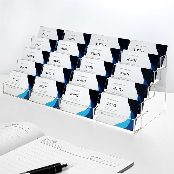 Vevitts 20 Slots Acrylic Business Card Holder for Desk Business Card Stand Clear Plastic Multiple Cards Display Stand Rack for Office Supplies Home School Brochure File Table Recipe