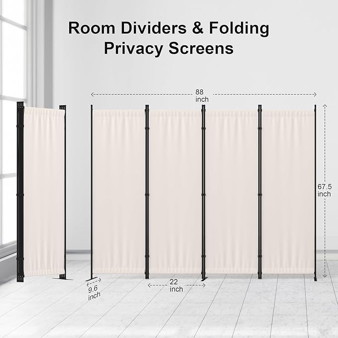 Kecreque Room Divider 4 Panel Partition Room Dividers & Folding Privacy Screens w/ 3 Metal Feet,88" W Portable Wall Doubles as a Dressing Screen Wall Divider for Office Bedroom Children's Room,White