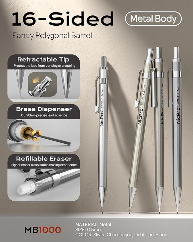 Nicpro 4 Pack Mechanical Pencil 0.5 mm with Case, MB1000 Metal Mechanical Pencil Set with 6 Tube HB #2 Lead Refill 0.5mm, 3PCS 4B Eraser, 9 Cap Eraser for Artist Drafting Writing, Sketching, Drawing