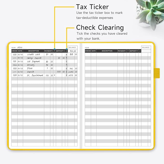 KUMEER Check Register – Elegant Check Registers for Personal Checkbook with Check & Transaction Registers, Hardcover Checkbook Log 5.2x7.6" (Yellow)