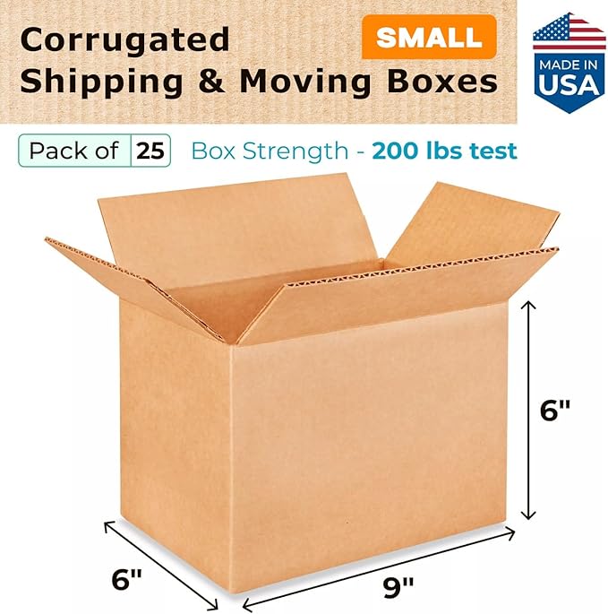 Small Moving & Shipping Boxes 9"L x 6"W x 6"H (25-Pack) - Extra Strength 200 lb vs Regular - Corrugated Strong Boxes for Packaging - Small Packaging Box - Heavy Duty Box by IDL Packaging