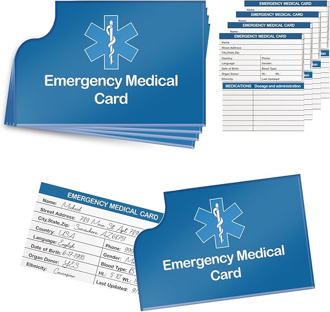 4 Pack Emergency Medical Information Id Card Red Medical Condition and Emergency Contact Id Wallet Card Medical Alert Wallet Card Pocket Size Medication List and Medical Cards for Caretakers (Blue)