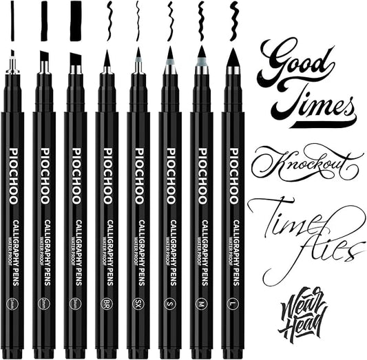 Piochoo Calligraphy Pens,8 Size Calligraphy Pens for Writing,Brush Pens Calligraphy Set for Beginners, Hand Lettering Pens