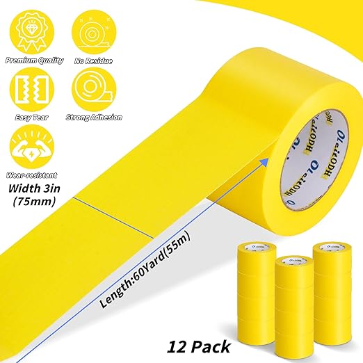 Oleitodh 12 Rolls Yellow Painters Tape Bulk 3 inch x 60 Yards, Painters Masking Tape No Residue Wall Painting Tape Artist Tape Trim Edge Finishing Tape for Wall Painting Decoration DIY Supplies