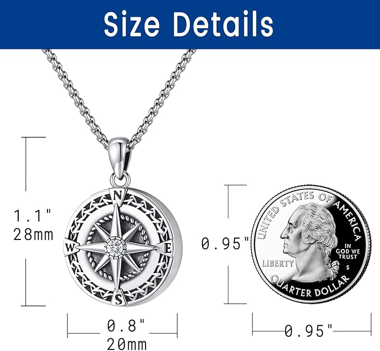 Compass Necklace for Women Men 925 Sterling Silver Pendant Urn Necklaces for Ashes Picture Locket Necklace Anchor Necklace Viking Necklace Crystals CZ Moonstone Abalone Shell Turquoise Compass Jewelry