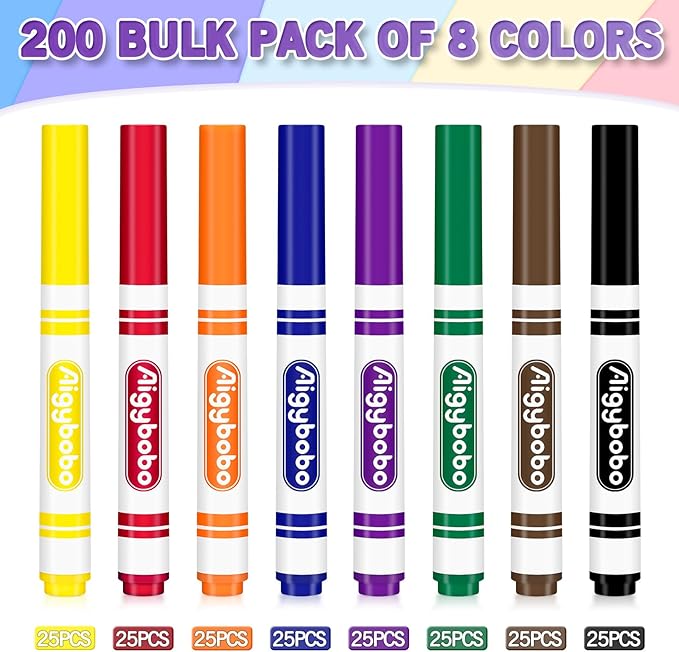 Aigybobo 200 Count Washable Markers Bulk, 8 Assorted Colors, Broad Line Conical Tip Coloring Marker for Kids, Markers Bulk Pack for Classroom, School Art Supplies & Back to School Supplies
