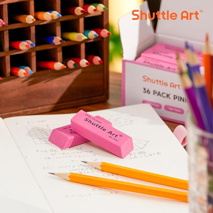 Shuttle Art Pink Erasers, 36 Pack Erasers Bulk, Latex-Free, No Smudge, Soft Eraser for Kids, Teachers, Homeschools, Art Classes and Back to School Supplies