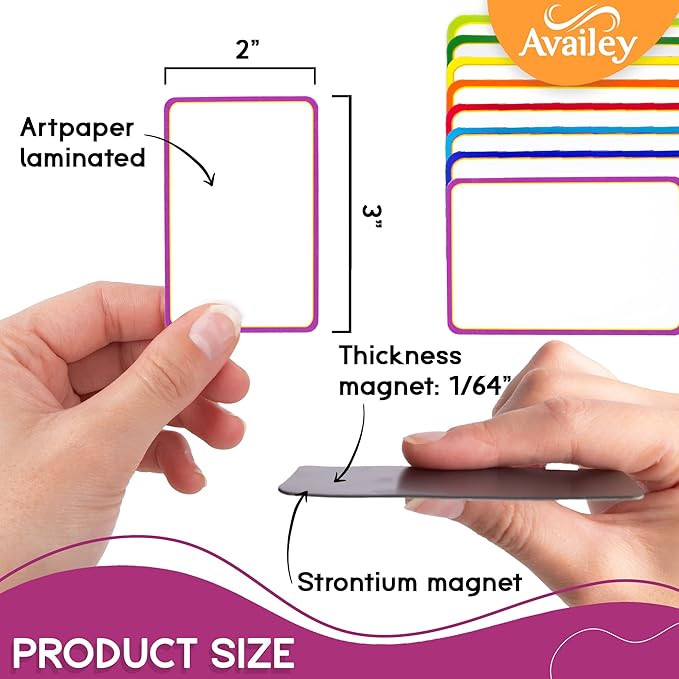 Availey 40 Pieces (3 x 2) - Colored Border Magnetic Dry Erase Labels - Reusable Strips for Classroom Home Office Garage - Refrigerator Blank Writable Erasable Cards - Name Tags Students Locker Shelf