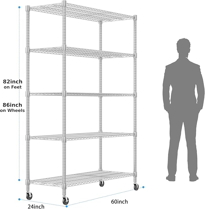 Homdox 5 Tier Storage Racks and Shelving, 24"x60"x82" Heavy Duty Metal Shelves for Storage, 3000LBS Commercial Adjustable Wire Shelving Unit on Wheels for Garage, Pantry, Kitchen, Warehouses, Chrome