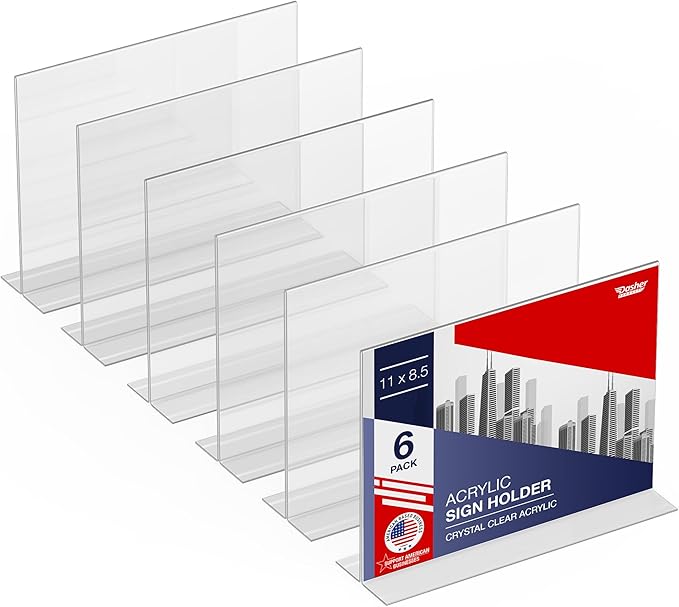 Acrylic Sign Holder 11 x 8.5 - Acrylic T Shape Table Top Display Stand, 6 Pack, Double Sided, Bottom Load, Landscape Style Menu Ad Frame. Perfect for Restaurants, Promotions, Photo Frames, Classroom