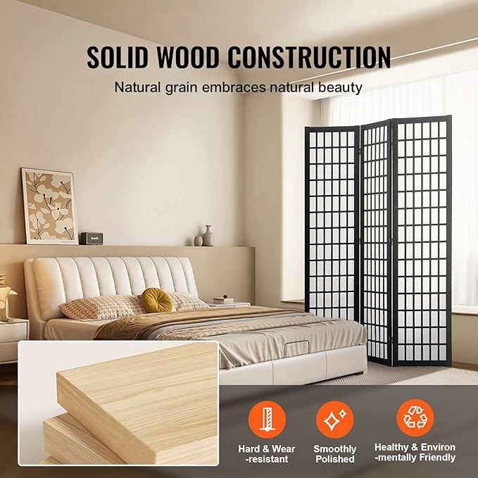 VEVOR Room Divider, 3 Panel Japanese Room Divider, Wood Folding Privacy Screen Indoor, Japanese Partition Dividers Portable Decoration Screens, for Room Separation Home Office Restaurant & Bedroom