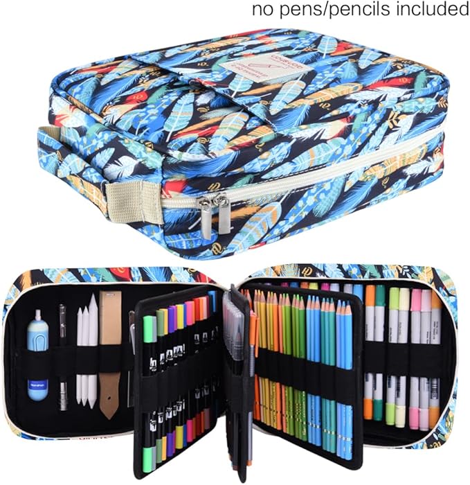qianshan Pencil Case Holder Slot - Holds 202 Colored Pencils or 136 Gel Pens with Zipper Closure - Large Capacity Pen Organizer for Watercolor Pens or Markers - Perfect for Artist.Blue Feathers
