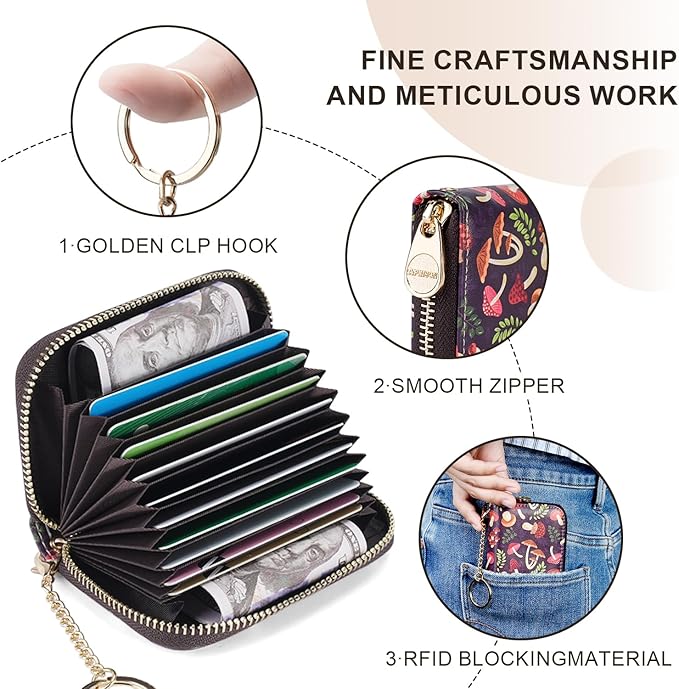 APHISON RFID Credit Card Holder Wallets for Women Leather Zipper Card Case for Ladies Keychain Wallet
