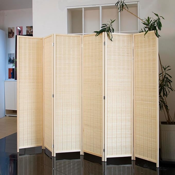 Loomveil 6 Panel Room Divider Folding Privacy Screen,67 inch Bamboo Panel Divider for Home Partition,Beige